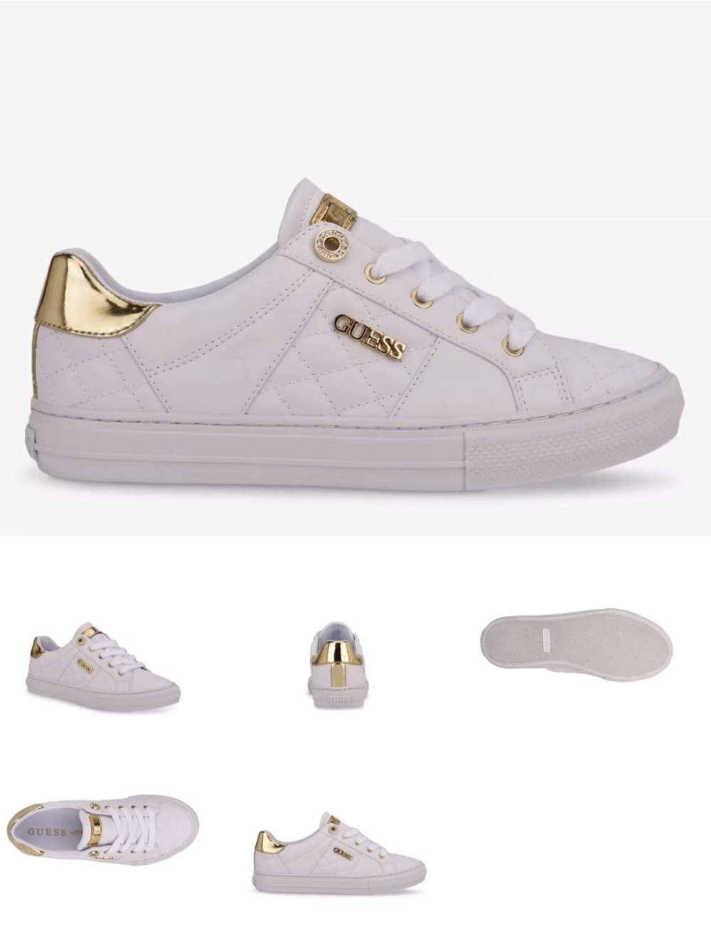 New in box! GUESS White Quilted Low-Top Sneakers I with Gold Hardware